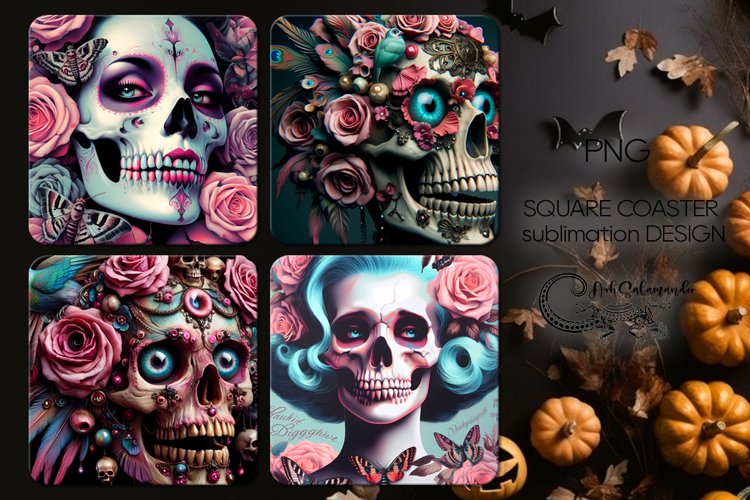 Funny skulls | Halloween square coaster sublimation design 2