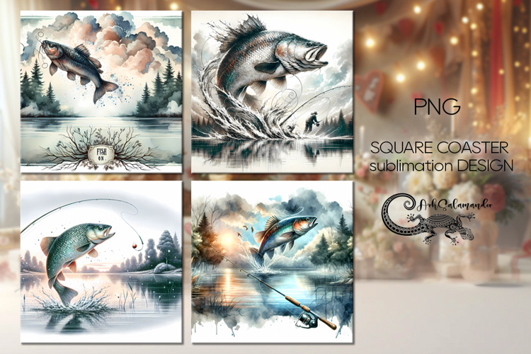 Fishing | 4 fisherman square coaster sublimation designs PL2