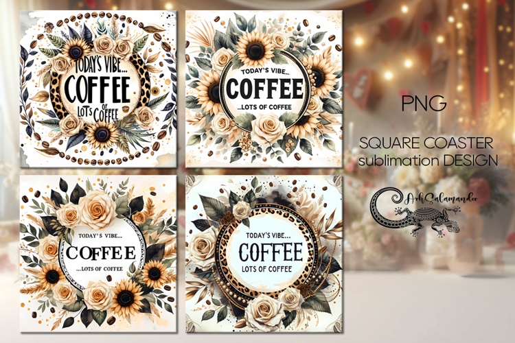 Coffee & flowers | 4 square coaster sublimation designs PL2