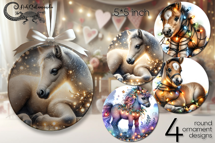 Xmas horse & garland | retro round ornaments sublimation