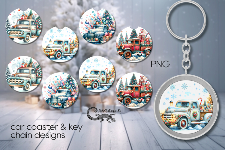 Christmas trock | vintage Car coaster & key chain designs P2