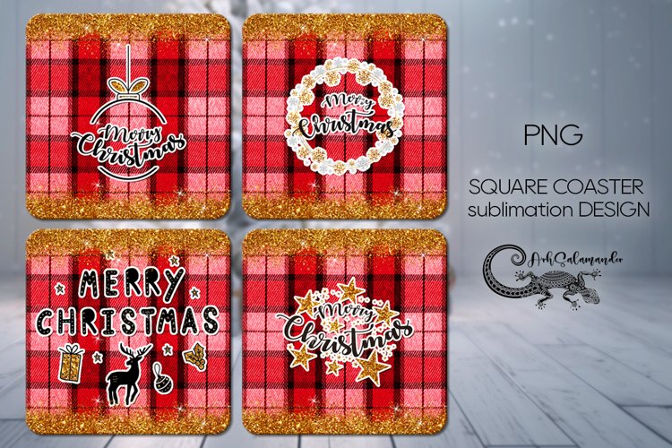 Christmas plaid | red & gold square coaster sublimation