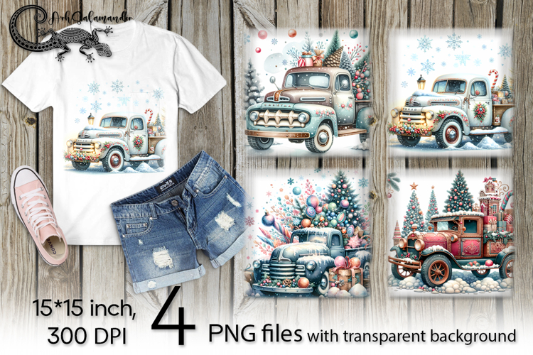 Watercolor christmas | 4 retro PNG Sublimation designs P2