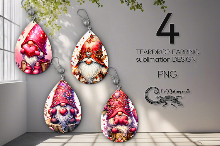 Valentine gnome | 4 teardrop earring Sublimation designs PL2