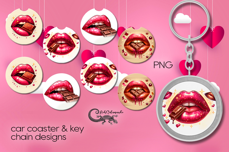 Valentine lips | 4 Car coaster & 4 key chain designs P2