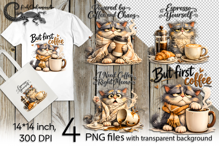 Coffee cat | 4 funny PNG Sublimation designs P