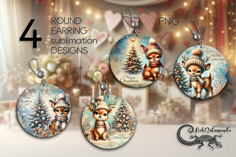 Christmas deer | retro Round earring Sublimation designs PL2
