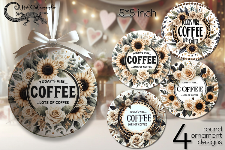 Coffee & flowers | 4 round ornaments sublimation designs P2