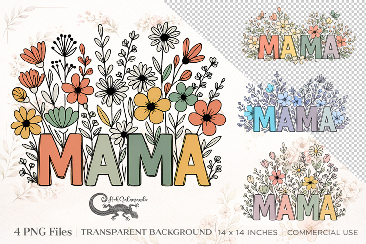 Mama floral clipart bundle | 4 PNG sublimation designs