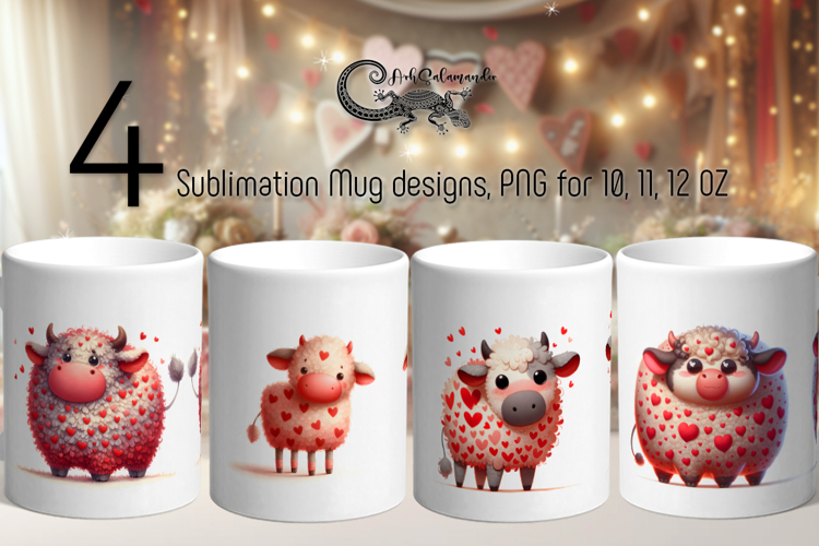 Valentine cow | 4 mug sublimation designs PLUS