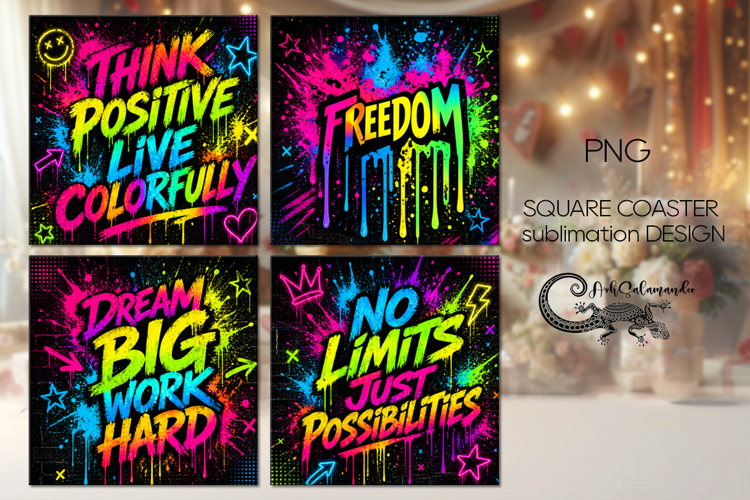Neon Graffiti Coaster Bundle | 4 square coasters sublimation