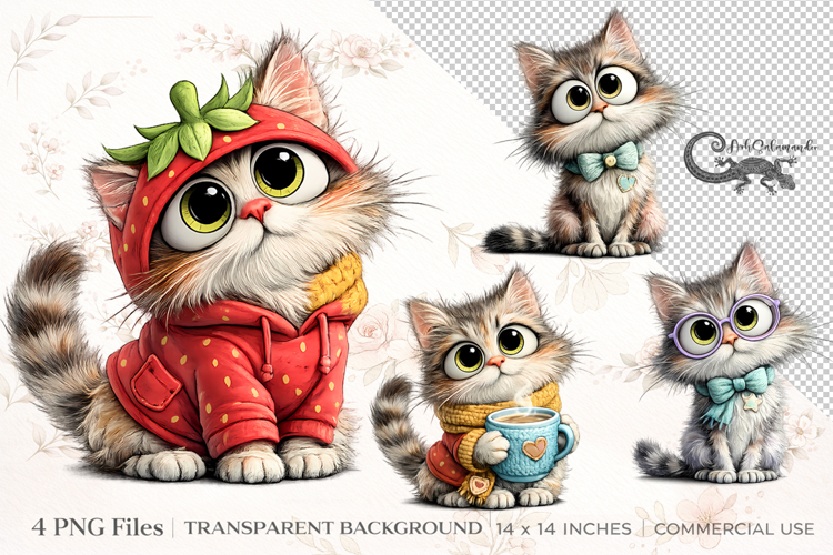 Cute Funny Cat Clipart Bundle | 4 PNG sublimation designs