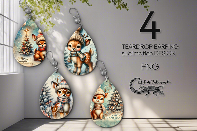 Christmas deer | 4 retro Teardrop earring Sublimation PL2