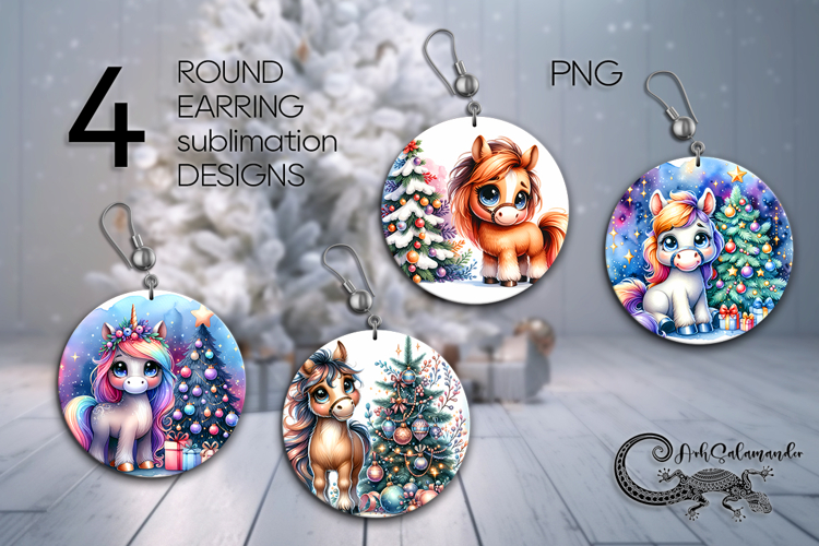 Christmas horse | xmas Round earring Sublimation design P2