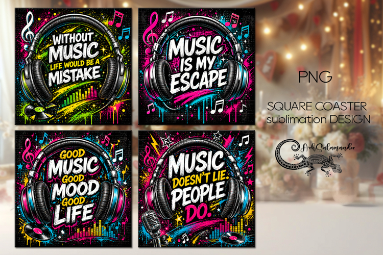 Music Coaster Sublimation Bundle | 4 square coasters designs