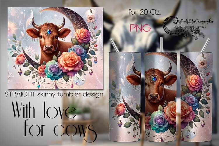 Cow, moon & flowers | Skinny tumbler Sublimation design PL2