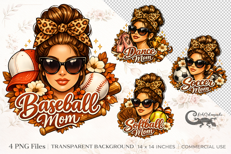 Messy Bun Sports Moms | 4 PNG clipart Sublimation designs