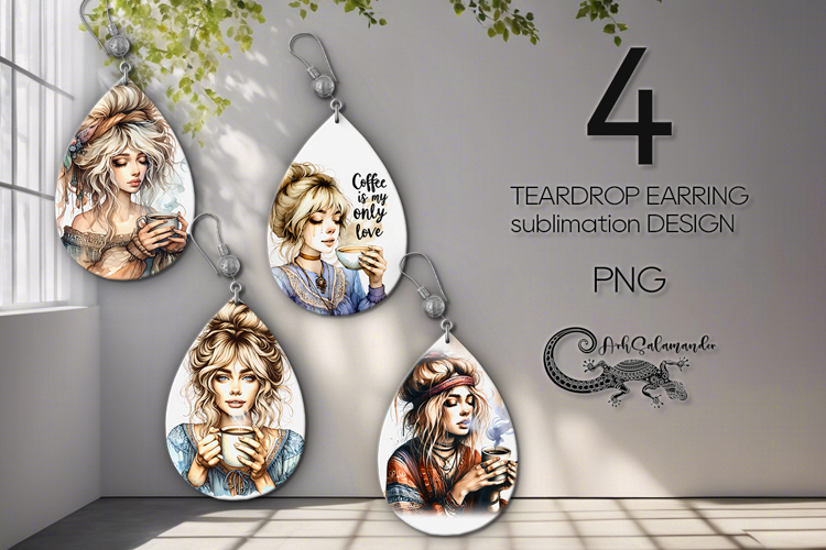 Coffee girl | Teardrop earring cartoon Sublimation designs 2