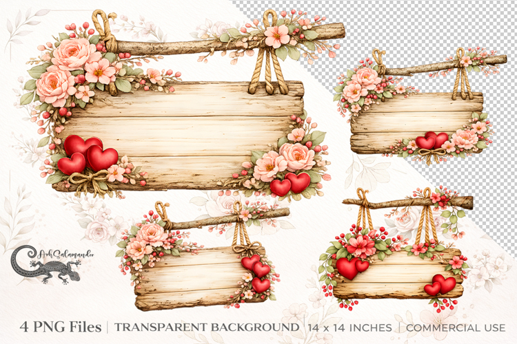 Romantic Floral Wood Sign | 4 PNG sublimation cliparts