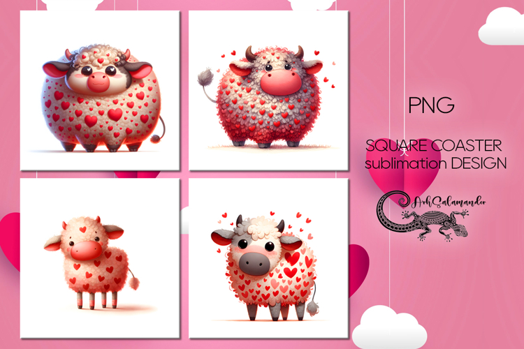 Valentine cow | 4 love square coaster sublimation designs