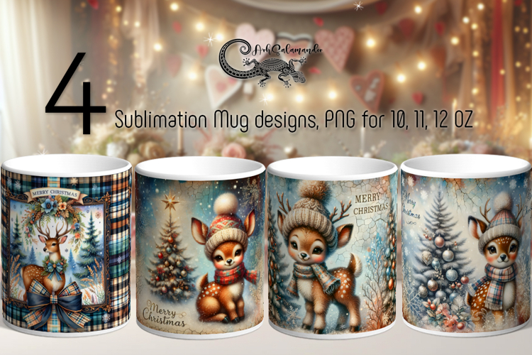 Christmas deer | 4 vintage Sublimation Mug design PLUS2