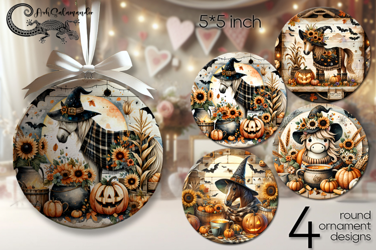 Halloween horse | 4 round ornaments sublimation designs P
