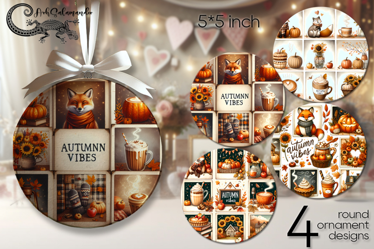 Autumn vibes | 4 fall Round ornament sublimation designs PL