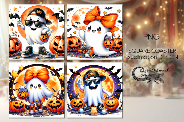Funny ghost | cute Halloween square coaster sublimation PL