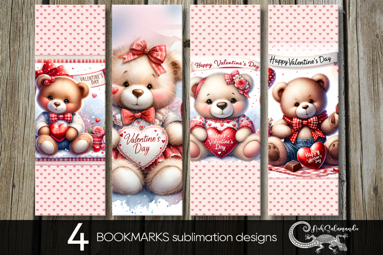 Valentine teddy bear | 4 love bookmarks sublimation designs