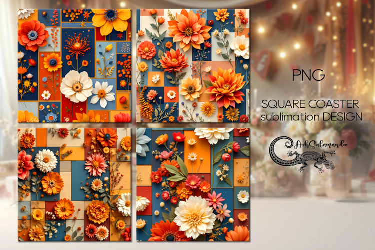 3d flowers | 4 square coaster sublimation designs PLUS
