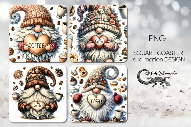 Coffee gnome | 4 square coaster sublimation designs PLUS