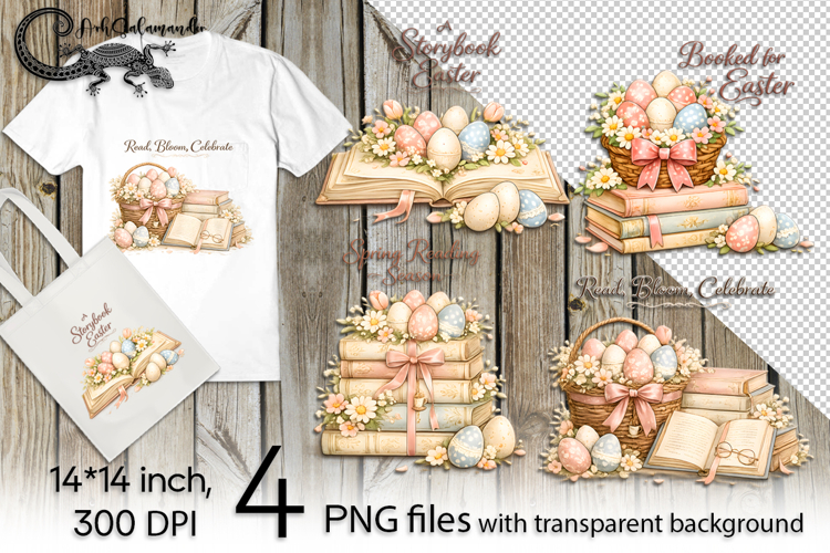 Vintage Easter & book | 4 spring PNG Sublimation designs