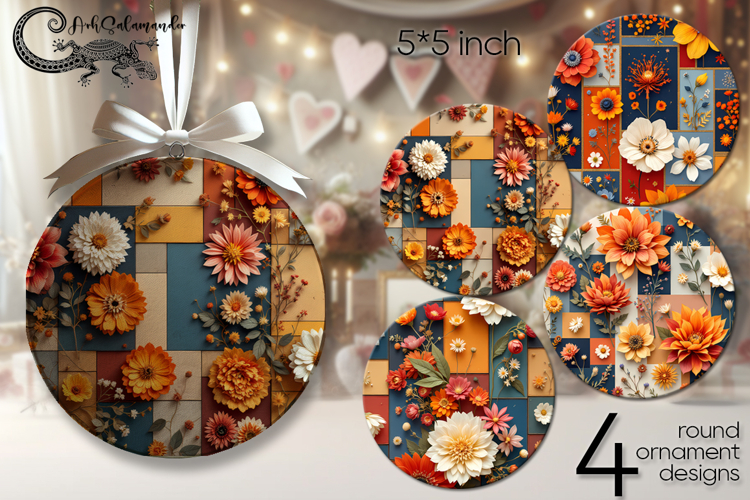 3D autumn flowers | 4 fall Round ornament sublimation design