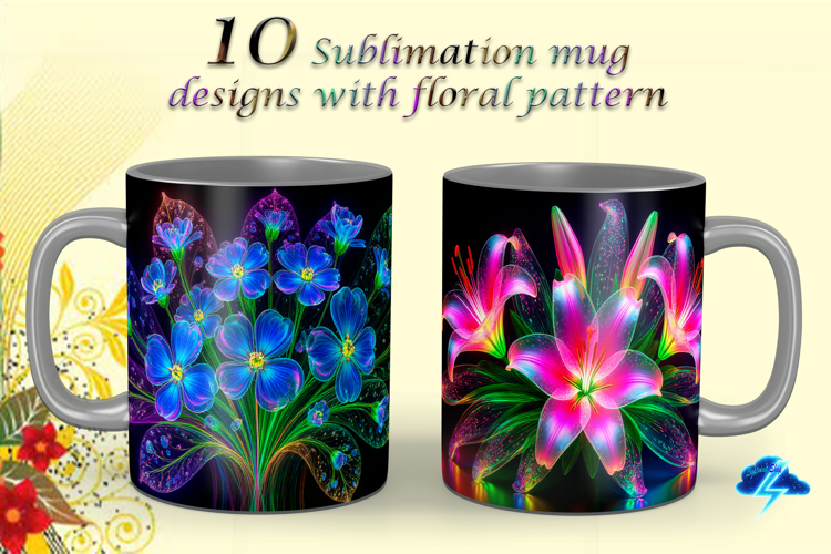 Mugs with flowers I 10 sublimation designs , JPG