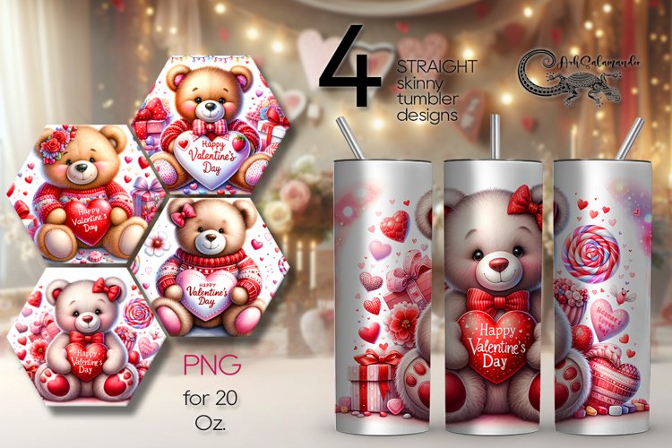 Valentine animals | 4 cute teddy bear Skinny tumbler example image 1