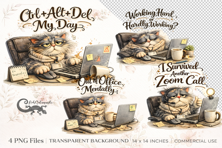 Funny Office Cat Clipart Bundle | 4 PNG sublimation designs