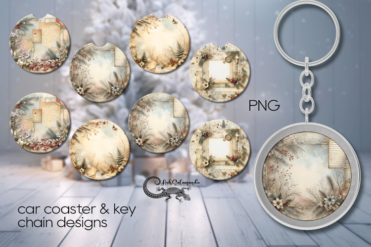 Vintage Christmas | 4 Car coaster & 4 key chain design PL