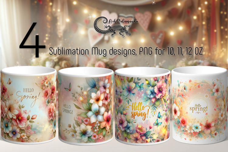 Watercolor Hello Spring | 4 Flower Sublimation Mug designs P