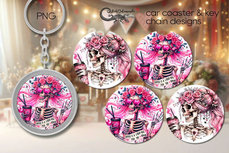 Skull and coffee | Halloween Car coaster & key chain PL3