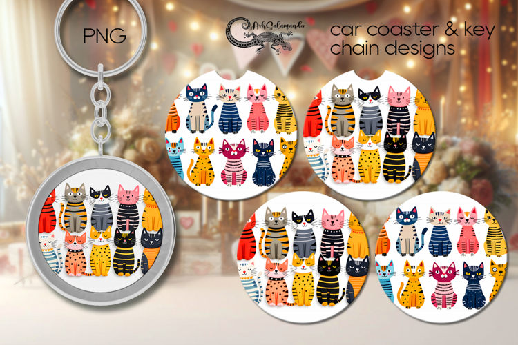 Colorful Cats | Cartoon Car coaster & key chain designs PL3