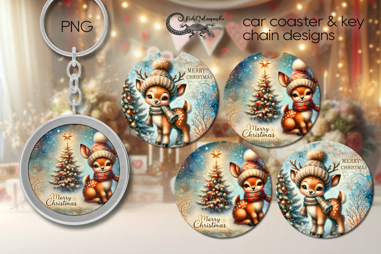 Christmas deer | vintage Car coaster & key chain designs P3