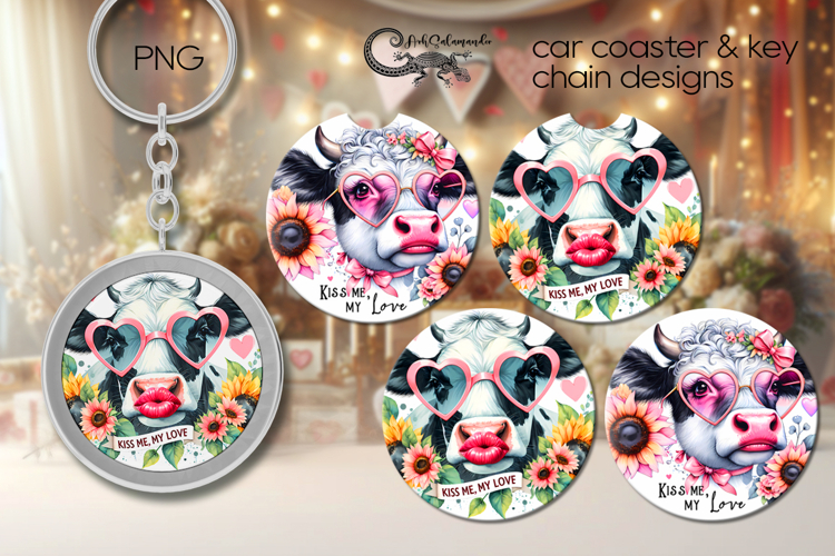 Cow & flowers | 2 Sublimation car coaster & key chain PL3