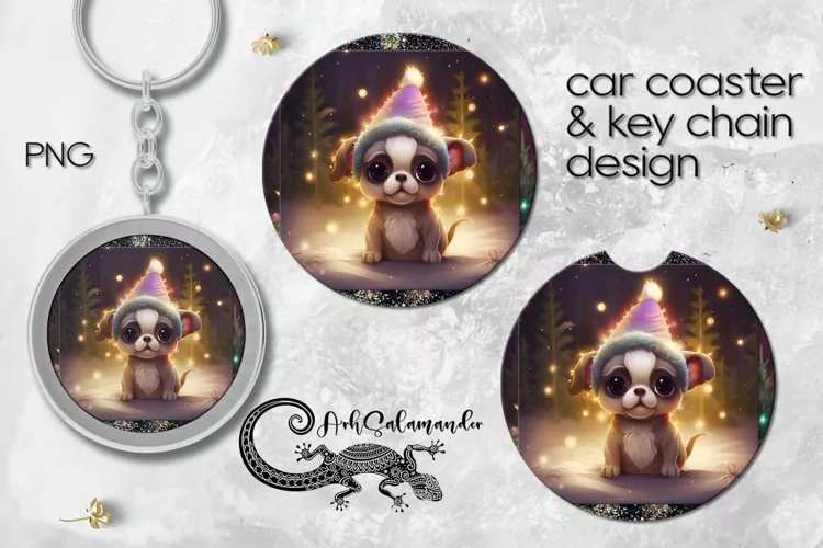 Xmas Puppy | Dog Sublimation Car coaster & key chain PLUS3