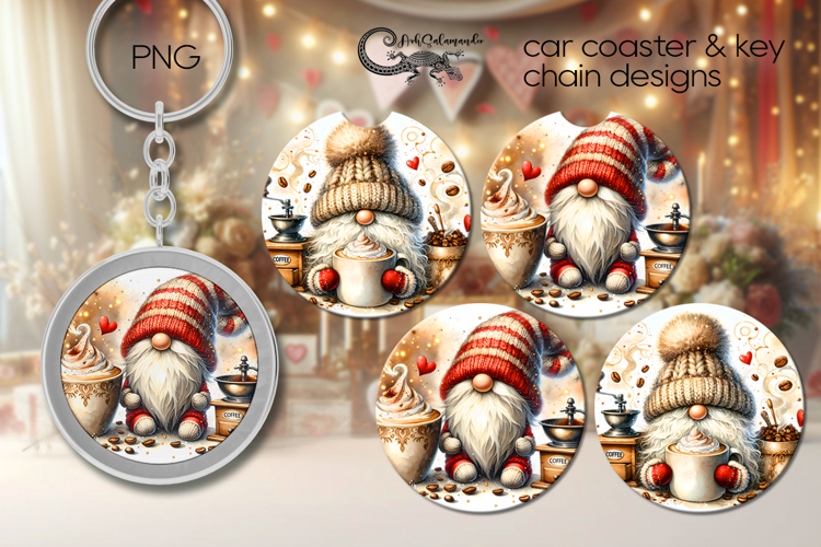 Coffee Gnomes | watercolor Car coaster & key chain design P3