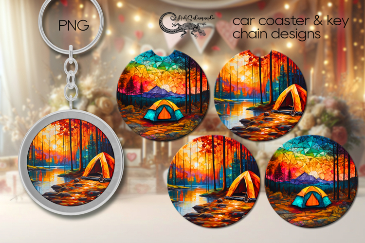 Tent in forest | coaster & key chain sublimation design PL3
