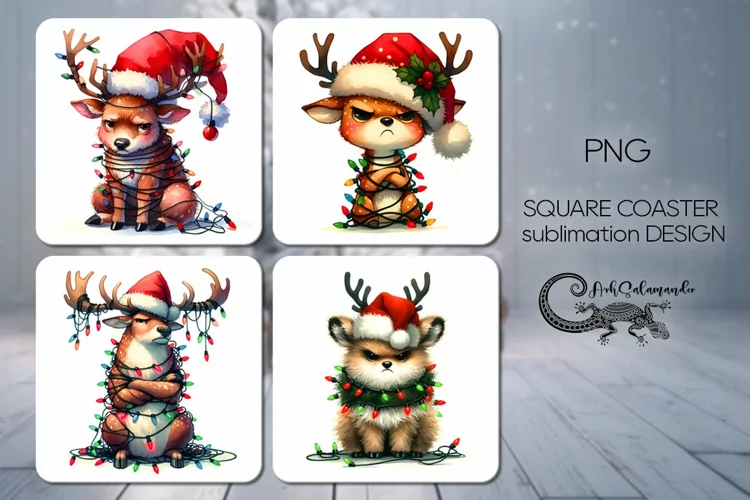 Christmas deer | 4 square coaster sublimation designs PLUS