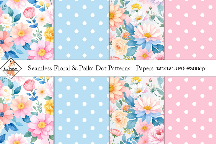 Seamless Florals & Polka Dot Patterns | Digital Papers