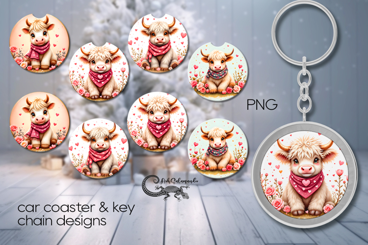 Valentine cow | 4 Car coaster & 4 key chain designs