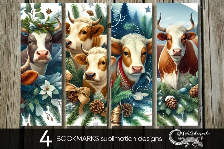 Christmas cows | 4 bookmarks sublimation designs PLUS