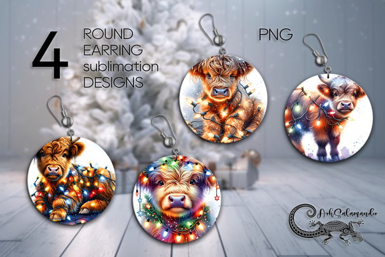 Christmas cow & garland | 4 xmas Round earring Sublimation